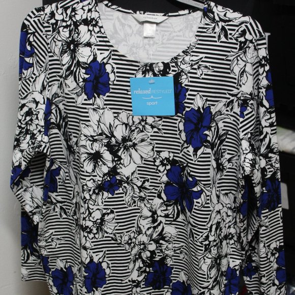 CJ Banks Relaxed Black White Stripe Blue Orchid tunic 14w NWT - Picture 1 of 6